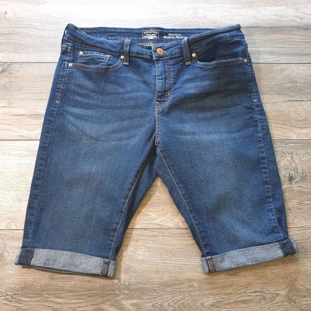 Levis Signature Mid Rise Skinny Denim Shorts W32 Rolled Cuff Blue Stretch